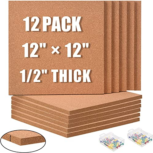 SUNGIFT Korktafel, 30,5 x 30,5 cm – 1,27 cm dick, quadratische Pinnwände, 12 Stück Korkfliesen mit 100 Stück Pinnadeln, Mini-Wandfliesen für die Wand