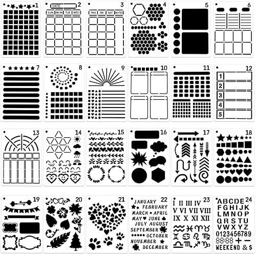 24 Stück Journal Schablonen Bullet Kunststoff Planer DIY Vorlagen Wiederverwendbare Mal Kalender Zeichnung Basteln für Schule Notebook Projekte