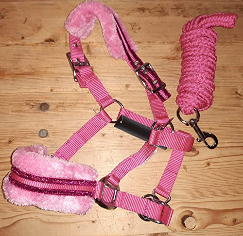 HKM Shetty Fell Plüsch Halfter Set Glitter ideal auch für´s Holzpferd (pink, Shetty)
