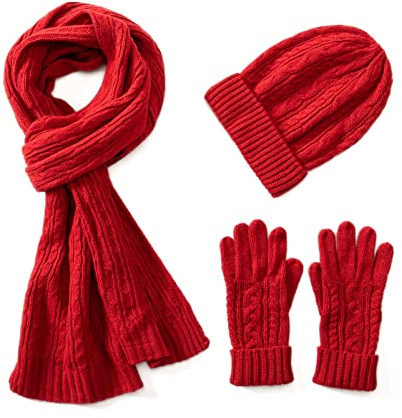 Villand 3 in 1 Damen Wolle Mütze, Schal & Handschuh Winter Sets, 3-teilige Zopfstrickmütze für Damen mit Geschenkbox