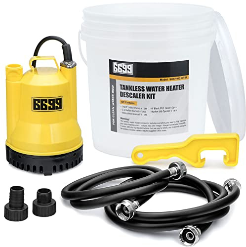 6699 Tankless Water Heater Descaling Flush Kit Includes Submersible Utility Pump with Adapters 3 Gallons Pail with Bucket Lid Opener and Two 3/4 GHT X 6FT PVC Black Hoses Easy Installation to Clean