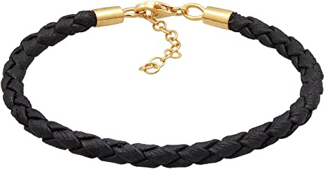 Nenalina Damen Beads Armband aus Kunstleder in schwarz, Lederarmband (3 mm) mit Karabinerverschluss in 925 Sterling Silber vergoldet, Damen Armband Leder Länge 16-19 cm, 0202571022_16