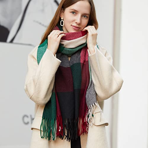 Damen Schal Karoschal,XXL Warm Winter Kariert Winterschal Herbstschal Schals mit Plaid Karo-Muster Oversized Warm Long Stole Poncho Langer Schalcape Deckenschal Halstuch Scarf,Rot