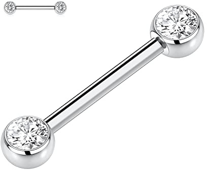 AROWRO Nippelschmuck 14 Gauge Nippelringe Zungenringe mit Innengewinde Titan Nippelpiercings Silber Nippel Barbells 18mmLong Bar Nippelringe Würfel Zirkon Nippel Bars