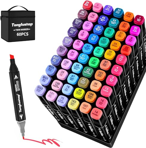 Tongfushop Filzstifte Marker Set, 60 Farben Alkohol Marker mit Feinspitze & Breitspitze, 2-Sekunden Schnelltrocknend, Alkohol Stifte mit Anti-Seepage Abstandshaltern für Malerei, Design