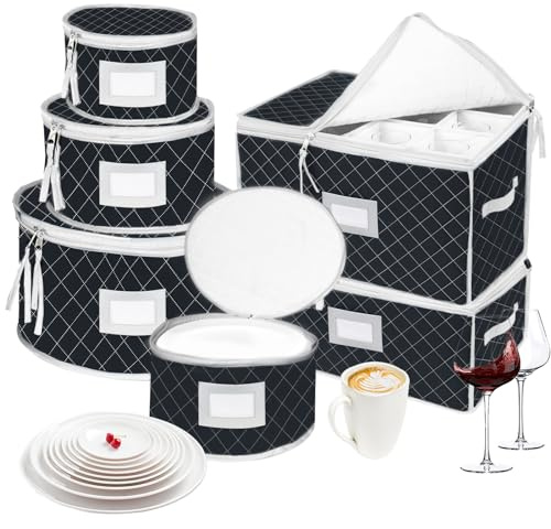 VERONLY China Dinnerware Storage Containers Set- Dish,Mug,Stemware Storage Cases - Quilted Box Bins Stackable with Divider,handles,Clear Window for Cups,Plates,Wine Glasses Moving Set of 6 (Black)