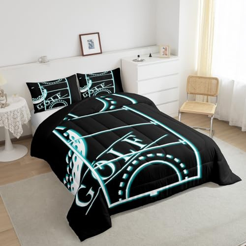 Erosebridal Sports Bedding Set Twin for Men Golf Comforter Set, Golf Game Duvet Insert Black Teal Blue Quilt Comforter, Neon Blue Golf Course Bedding Comforters & Sets 2pcs (Black Reversible)