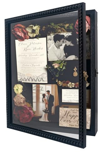 FramePro Shadow Box 11x14 Front Open with Hinge Beaded Designed Display Case with Linen Back, Picture Frame Wedding Bouquet Memorabilia Medals Photos Memory Box for Keepsakes Black