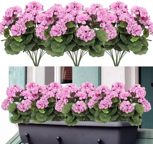 Weldomcor 3 Bündel Lila Rosa Künstliche Geranien Kunstblumen für Draußen | UV-beständig Künstlich Blumen Outdoor Wetterfest Geranien Kunstpflanze Echt Seidenblumen für Innen Außenbereich Garten Balkon