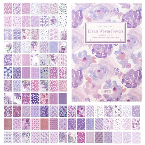 URROMA Scrapbook-Papier mit violetten Blumen, 100 Blatt, Blumenmuster, Scrapbooking, Collage, Bastelbedarf, Junk-Tagebuch, Vintage, Tagebuch, Decoupage, Papier, 10,2 x 14 cm