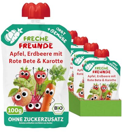FRECHE FREUNDE Bio Quetschie Apfel, Erdbeere mit Rote Bete & Karotte, Fruchtmus mit Gemüse im Quetschbeutel für Babys ab dem 6. Monat, vegan, 6er Pack (6 x 100g)