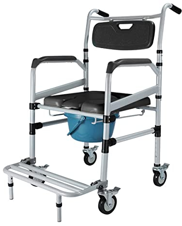LJPZYOY Klappbarer Nachtstuhl, rutschfeste Armlehnen und Verstellbarer Senioren-Toilettenstuhl mit Rollen (4 Räder mit Bremsen) und abnehmbarem Eimer für ältere und behinderte Menschen
