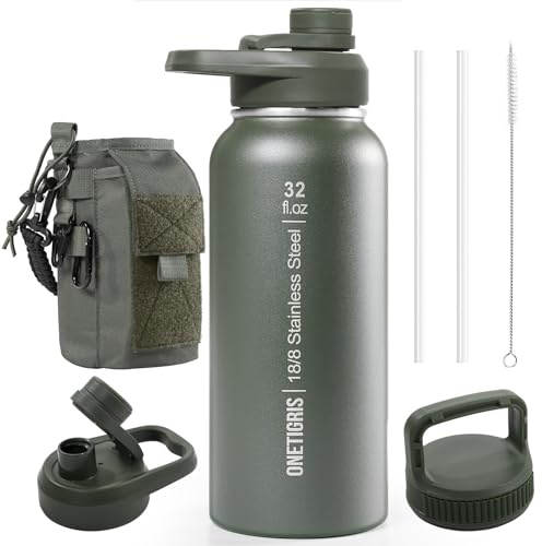 ONETIGRIS 32oz Insulated Tactical Water Bottle with Straw & MOLLE Sleeve | Double-Walled Vacuum Cold for 48 Hrs,3 Leakproof Lids, BPA-Free Seal, 304 Stainless Steel, Wide-Mouth, Paracord Handle