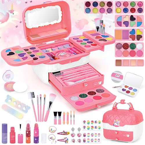 BuzzoXerex Schminkkoffer Mädchen, Kinderschminke Set Mädchen 73 Stück Waschbar Schminke Kinder Make Up Spielzeug Set mit Schminkspiegel, Nagelaufkleber und Lippenstift für 3 -10 Jahre (Rosa)