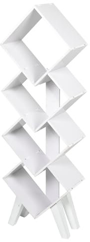 Alnemy 4 Ebenen Bücherregal, Standregal, Kiefernholz Regal Rautenförmige Struktur Bookshelf mit 4 Angehobene Beine für Schlafzimmer Arbeitszimmer Wohnzimmer (Weiß)