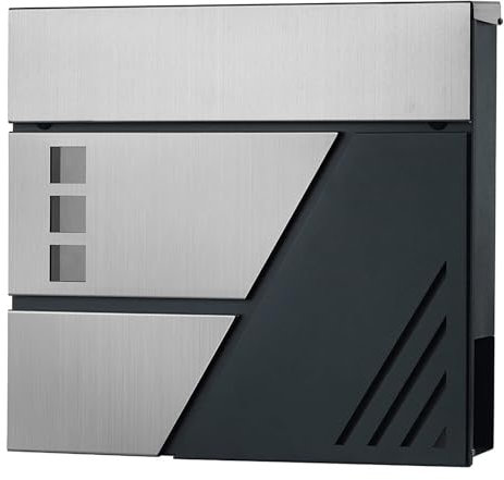 Briefkasten Groß für Draußen, Briefkasten Zur Wandmontage mit Schloss, Verzinktes Blech, Schwarz, Moderner, Eleganter Stil, Ideal für Das Home-Office, 37x37x10cm