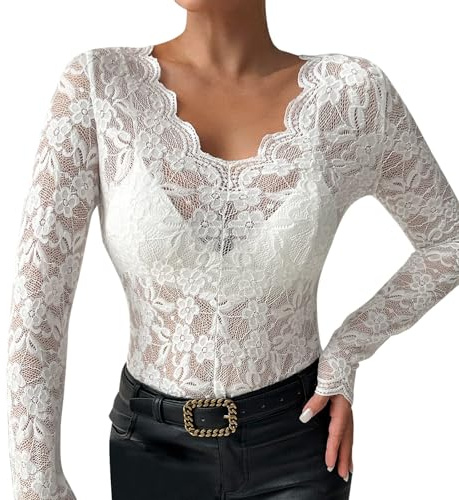 Duohropke Body en dentelle pour femmes - Léger - Transparent - Blouse en dentelle - Col en V profond - Bodies à manches longues - Élégant - Bodies à manches longues - Dentelle - Haut à col montant