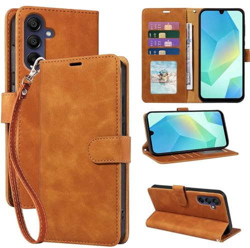 GOTOURED RFID Blocking for Samsung Galaxy A16 Case Wallet (Brown) | 4 Card Slots, Soft PU Leather, TPU Inner Shell, Wrist Strap, Kickstand, Magnetic Folio Flip Cover, Shockproof Protective