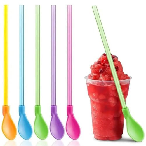 Generic 10 pajitas de plástico multicolor 2 en 1, pajitas de plástico reutilizables con cuchara, 9.3 x 0.27 pulgadas, 10 piezas
