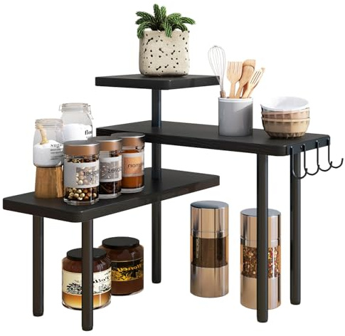 IBUYKE Gewürzregal,Eckregal mit 3 Ebenen,Küchen-Organizer,Schwarz TLJ023B | Arbeitsplatten-Organizer Gewürzregal mit Haken Küchenregal verstellbare Ausrichtung Bad Schrank
