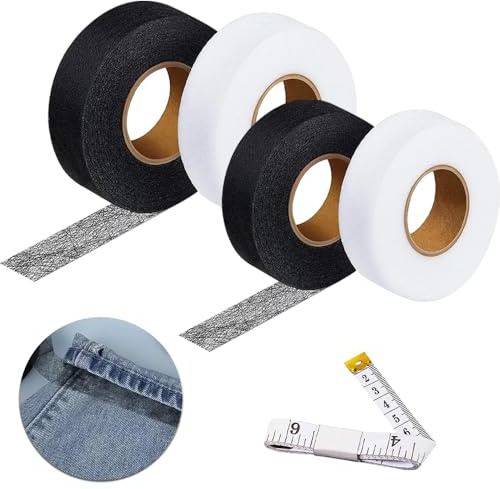 Megcdtr Saumband zum Aufbügeln, 4 Stück Saumband Selbstklebend, 64M Nahtband zum Aufbügeln Klebeband zum Aufbügeln mit Maßband für Saum Jeans Vorhänge Hosen(Schwarz/Weiß