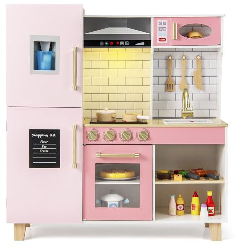 DREAMADE Kinderküche Holz mit 10 TLG. Zubehör, Holzküche Kinder Küche mit Herd Dunstabzugshaube Eismaschine Ofen, Spielküche mit Licht und Sound für Kinder ab 3 Jahren, Rosa + Weiß