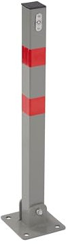 Folding Security Barrier, Heavy Duty Grey Steel Driveway Parking Bollard with Key Lock and Red Reflective Strips for Traffic & Parking Security
