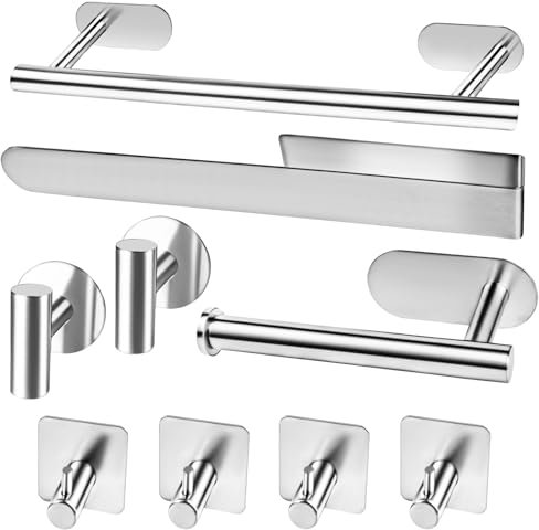9 pcs Toalleros De Baño Sin Taladro, ELEPRUC Toallero Adhesivo, Toallero de Pared Acero Inoxidable, Toallero Baño para Baño y Cocina, Kit Accesorios para Baño