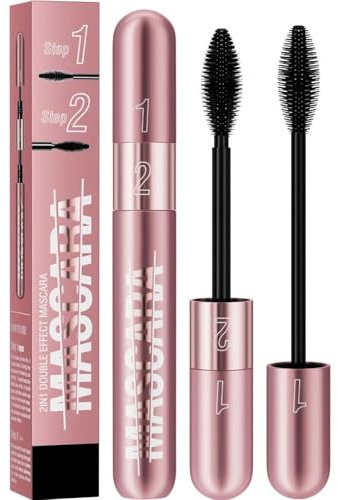 2-in-1 Volumizing & Lengthening Mascara - 5X Longer, Waterproof, Smudge-Proof, Long-Lasting 4D Silk Fiber Mascara for Dramatic False Lash Effect