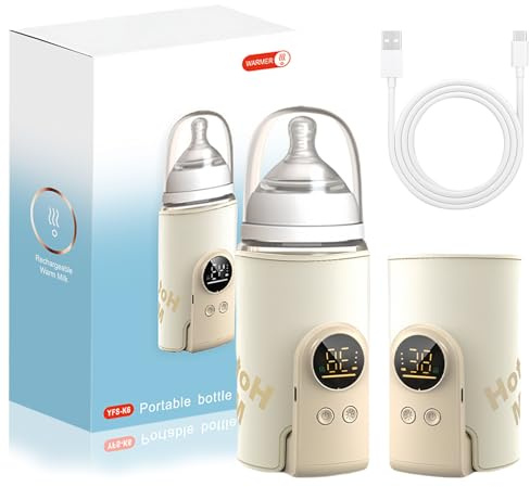 Flaschenwärmer Baby, Tragbarer Flaschenwärmer, Unterwegs mit LCD-Display USB-Ladung Babyflaschenwärmer 6 Einstellbare Temperatur 38-50℃ Muttermilchwärmer Tasche für Unterwegs und Zuhause (Beige)