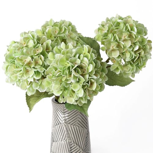 mizii 4Pcs Green Artificial Hydrangea Flowers Large Fake Silk Hydrangea Flower with Leaves Stems Realistic Faux Hydrangeas Decorations for Wedding Table Centerpieces Vase Home Decor (Light Green)