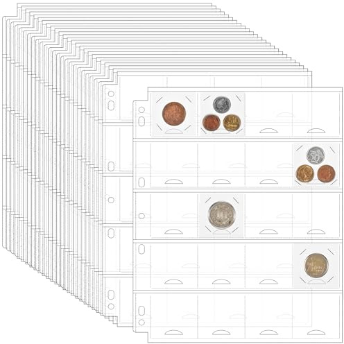 Uncle Paul 500 Bolsillos Hojas de Carpeta para Colección de Monedas (para Sobres de Monedas) – 25 Hojas con Rejilla de Colección 54x52 mm – Diseño de 7 Ranuras (Tamaño A4/Carta) CS5425