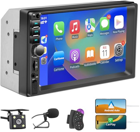 Autoradio Bluetooth 2 DIN con Carplay e Android Auto, 7 pollici con touchscreen 1080P Car Stereo supporta vivavoce/FM/Mirror Link/Wheel Control/porta USB/AUX/EQ/TF/WMA