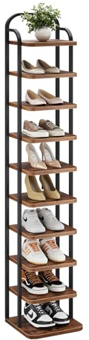 Dripex Vertikales Schuhregal mit 10 Ebenen, Schuhablage schmal Metall, Verstellbar Ablage, platzsparend für Eingangsbereich Wohnzimmer Schlafzimmer Flur, Vintagebraun-Schwarz