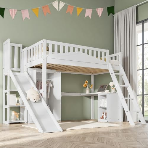 Sapgaks Lit Mezzanine Enfant avec Bureau,casiers,Armoire et Toboggan,lit Enfant Multifonctionnel,Lit superposé Enfant 90x200 avec sommier à Lattes,lit Mezzanine 1 Place,Blanc