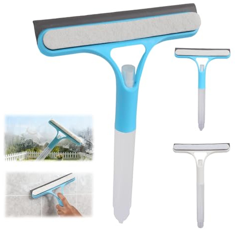 MINGBOLIN Window Squeegee, 2 Pack 3 in 1 Cleaner with Spray Bottle | Spray, scrub and wipe in one tool; includes 2 blue-and-white squeegees and 2 hooks for windows, mirrors, showers and cars