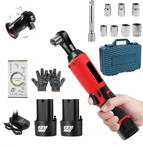 Uadme Llave de Trinquete Eléctrica Inalámbrica 3/8, 12V 35N.m 320RPM | Carraca Electrica, Bateria 2x1,5Ah con 7 Enchufes, Atornillador de Impacto Carga Rápida para Reparación de Auto