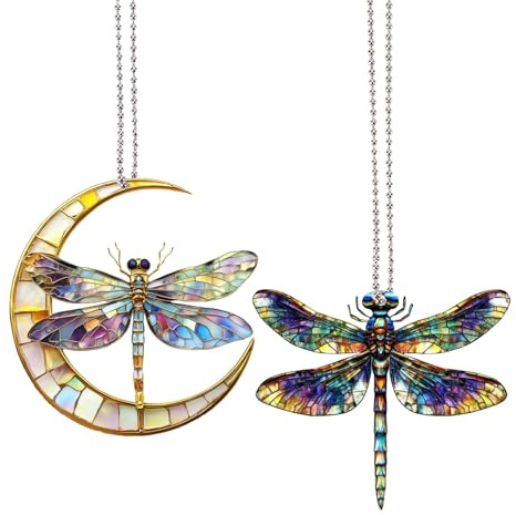 CREATCABIN 2 Pieza de 2 Estilos de Libélulas Lunares, Atrapasol Acrílico, Adorno de Libélula, Vitral, Colgante para Ventana, Regalo de Libélula de Colores para Mujeres, Abuelas, Amigas, Decoración
