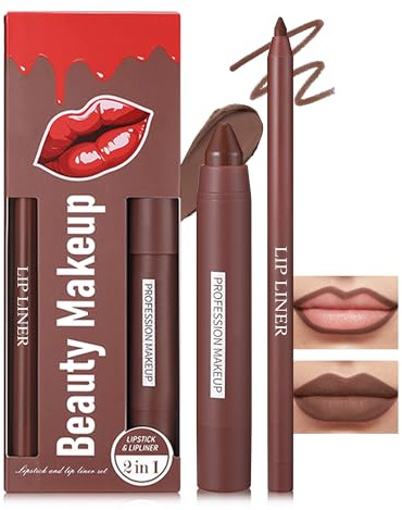 Rouge a Levre + Crayon a Levre Velours Mat, Très Pigmenté Combo Lèvres 2-en-1 Marron Foncé, Longue Tenue Waterproof, Texture Onctueuse et Crémeuse, Kit Maquillage Lèvres Volumateur et Définies-06