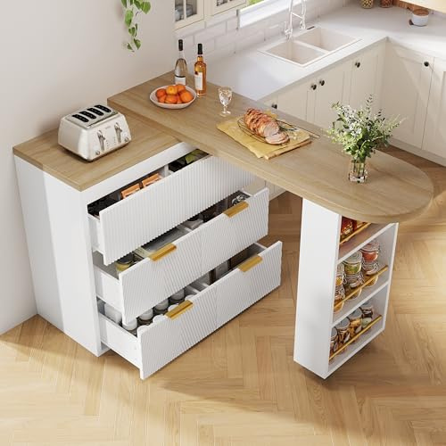 Ktipm Mesa de Bar Extensible Gira 360° con 2 Ruedas y 6 Cajones, Barra Cocina Isla Cocina con Compartimento Lateral y Dispositivo Antivuelco para Salón y Comedor, 128-203x39x90 cm, Blanco