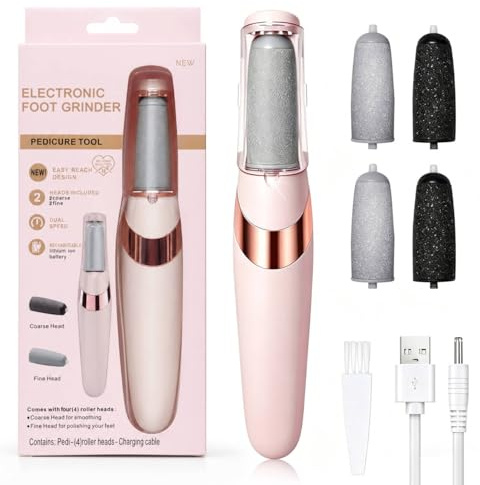 Electric Foot File, Callus Remover for Feet, Rechargeable Waterproof Hard Skin Remover Foot, 2 Speeds with 4 Brush Heads, LED Light, for Treating Dry Cracked Heels, Calluses and Dead Skin