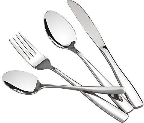 Mayish 32 Piece Stainless Steel Cutlery Set, Silver Flatware Service for 8 | Modern Knife Fork Spoon Set for Kitchen & Dining