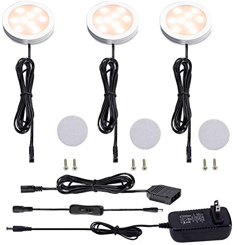 AIBOO 12V LED Under Cabinet Lighting Kit 3 Packs Slim Aluminum Puck Lights with 2-Way Switch All Accessories Included for Counter Closet Lighting 6W (Warm White)