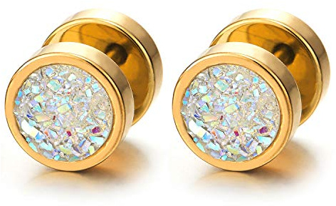 Mens Women Gold Circle Stud Earrings Rainbow Glitter, Steel Cheater Fake Ear Plugs Gauges Tunnel