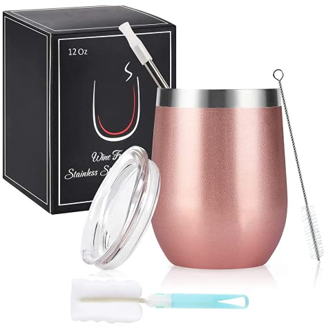 Joymaking 12oz Insulated Stainless Steel Wine Tumbler with Lid and Straw, Double Walled Wine Glass Tumbler Gift for Women, Great for Hot & Cold Drinks -Wine, Champagne, Coffee, Ice Cream(Rose Gold