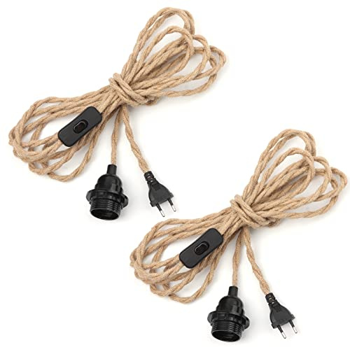 2 paires Lustre Corde de Chanvre Câble 4.5m, Hotloop Douille E27 Interrupteur avec Fil Cable, Ampoule non Fournie, Pour DIY Lampe Suspension Lumière Pendante Industrielle Lustre Douille Fil