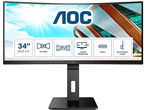 AOC CU34P2C Monitor curvo QHD de 34 pulgadas, 100Hz, 1ms, VA, USB-C, Ajuste de altura, sin parpadeo, Altavoces (3440x1440, 100Hz, 300 cd/m², HDMI/DP/USB-C)