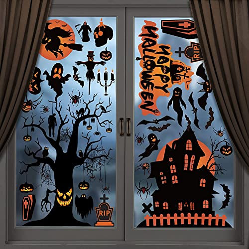 Halloween Decorations | 8 Sheet Halloween Window Stickers Clings Decals | 98 pcs Double Sided Reuseable Bats Spider Ghost Pumpkin Halloween Party |