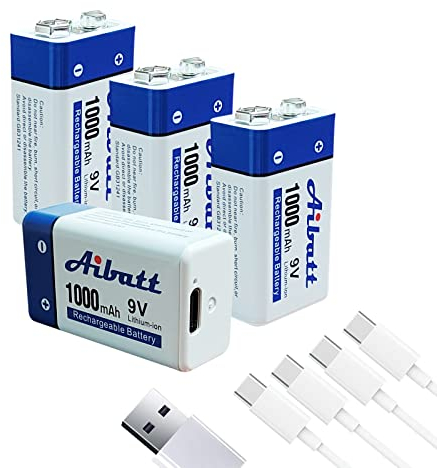 Aibatt Batteria ricaricabile da 9 V, 1000 mAh, con porta di ricarica tipo C, agli ioni di litio 6F22, per microfono, rilevatore di fumo, giocattolo elettronico, walkie-talkie, rilevatore di fumo,