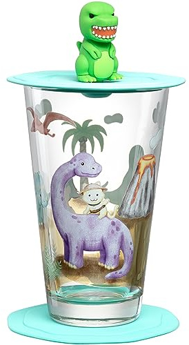 LEONARDO HOME Bambini Avventura Kinderglas mit Deckel und Untersetzer - Trinkglas mit Motiv aus hochwertigem Glas - Größe L, Inhalt 300 ml - 3-teiliges Trinkset mit Motiv Dino, 023677